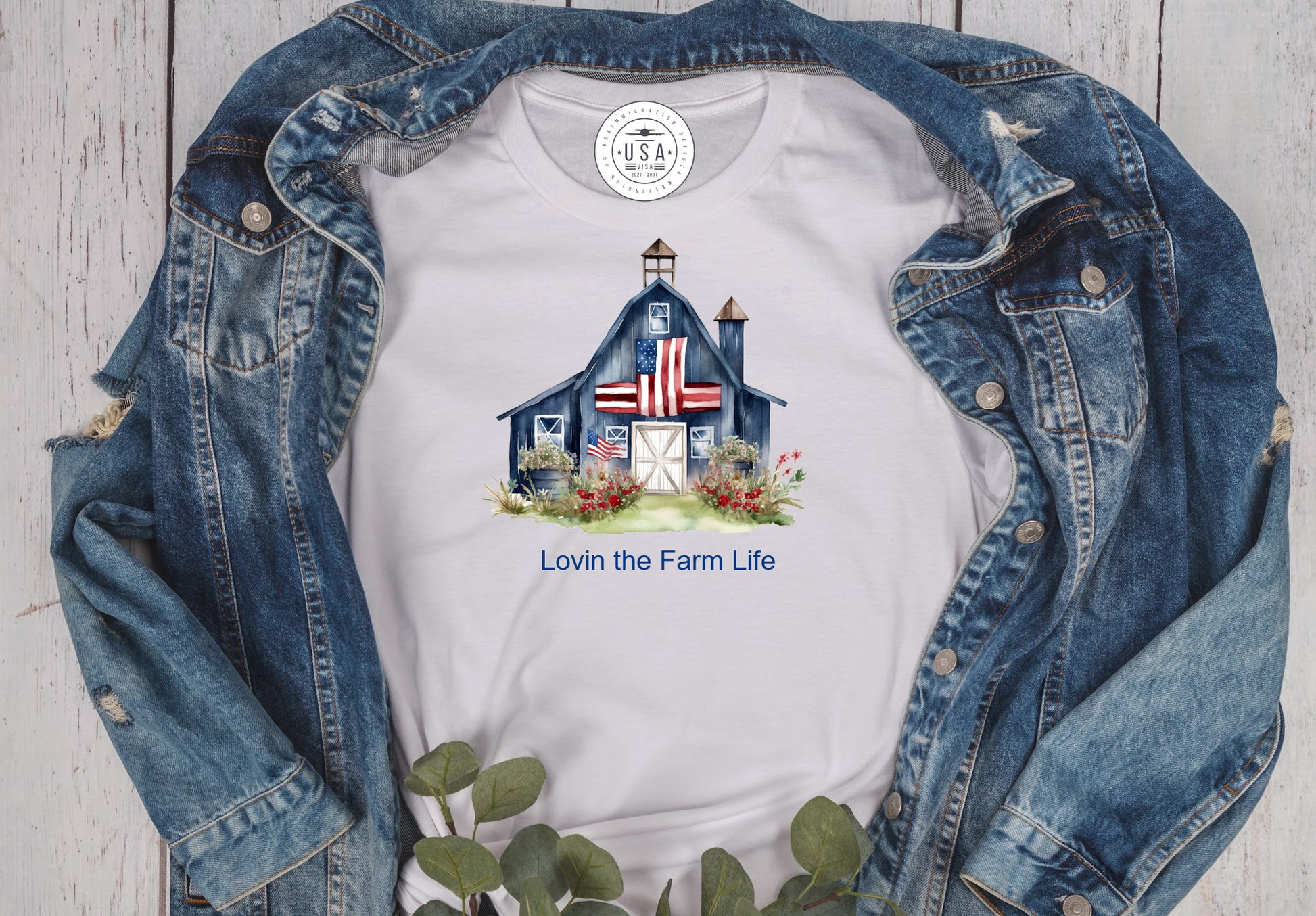 Americana Red White Blue Barn on a white unisex short sleeve T-Shirt
