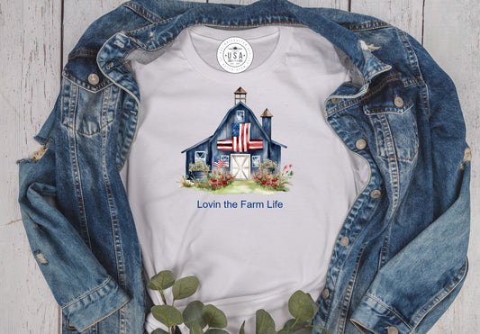 Americana Red White Blue Barn on a white unisex short sleeve T-Shirt