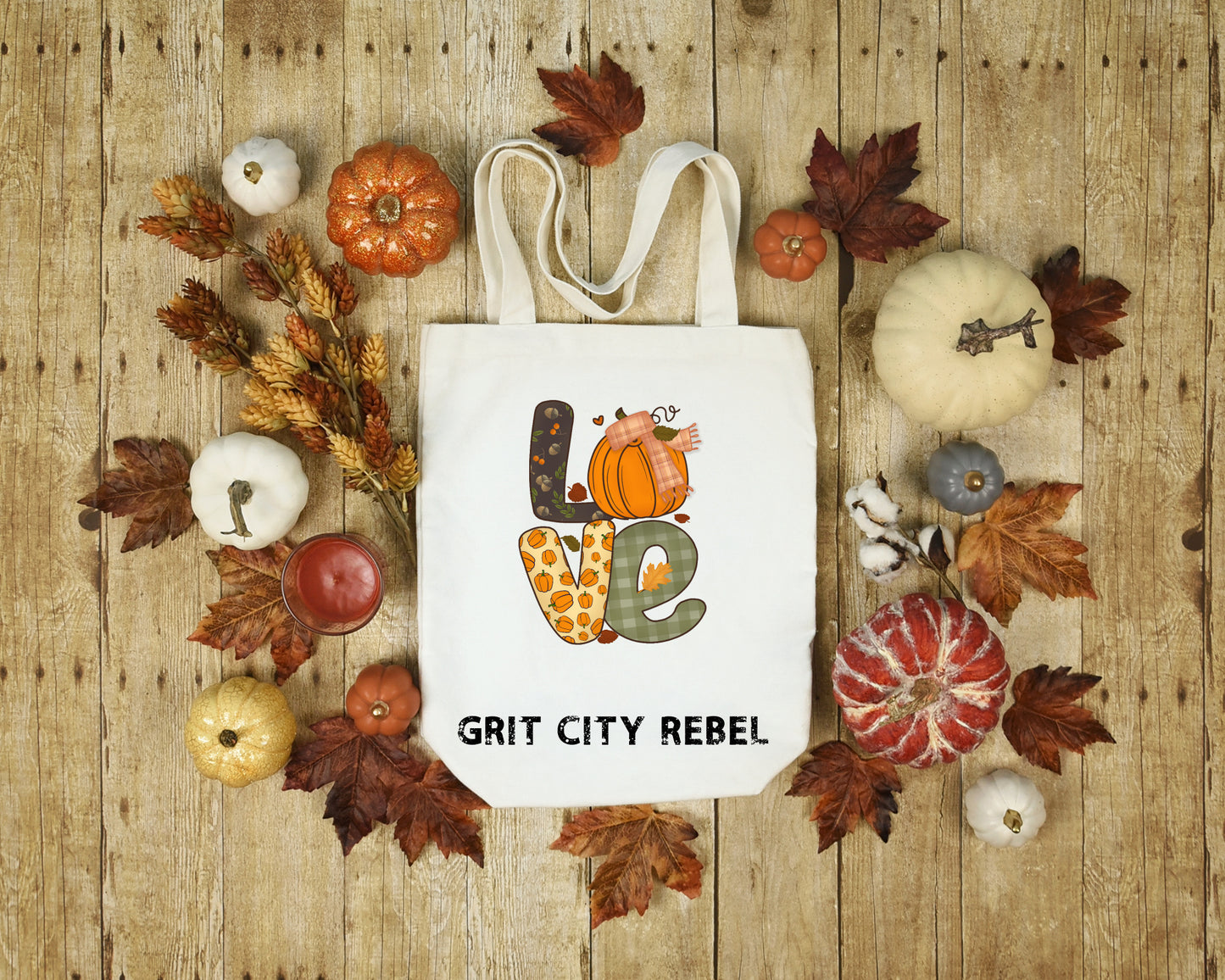 Love in Fall patterns reusable cloth tote bag