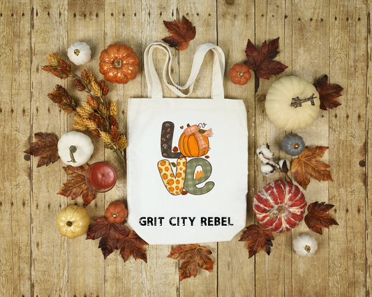Love in Fall patterns reusable cloth tote bag