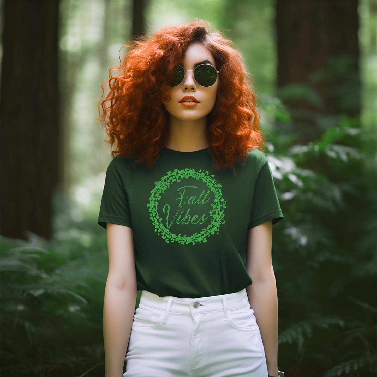 short sleeve green tshirt with Fall Vibes inside a wreath all shades of green. Grit City Rebel