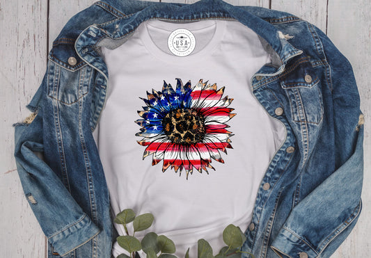 white short sleeve unisex TShirt with a red white and blue flag sunflower image