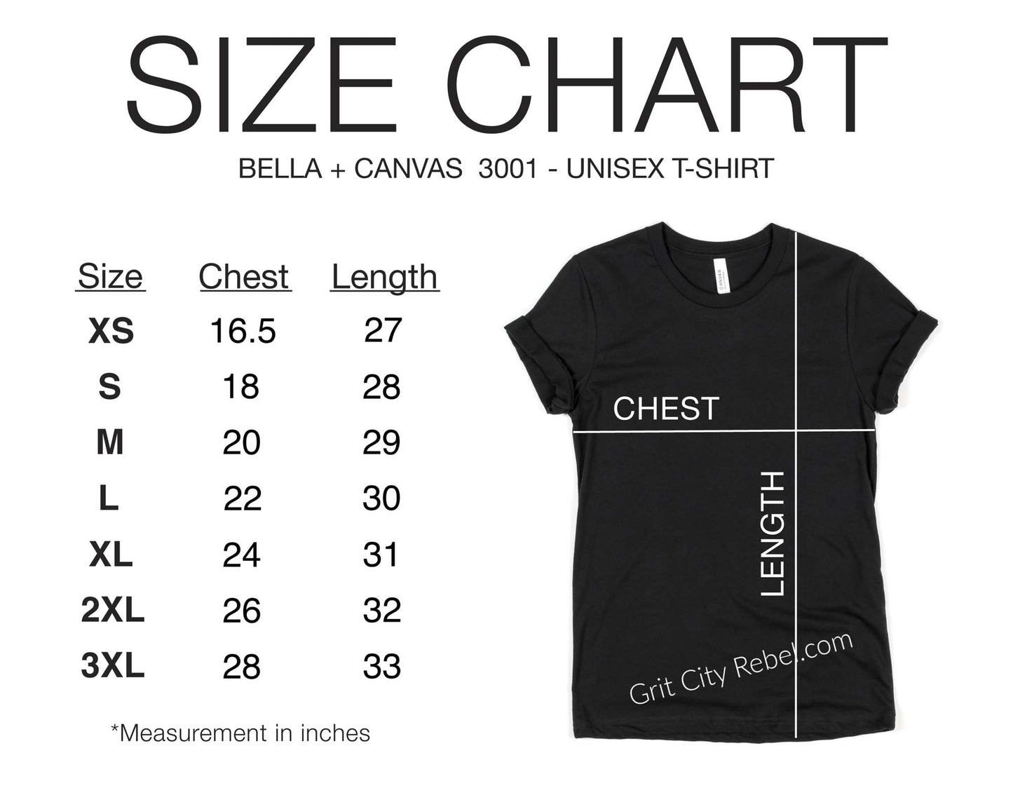 Grit City Rebel sizing unisex sizes small medium large Xlarge 2X 3X