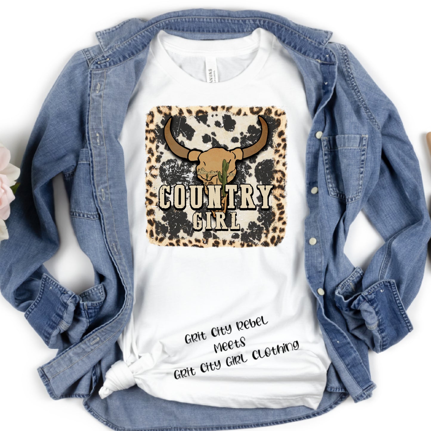 County Girl with a Steer head Themed unisex T-Shirt Grit City Rebel