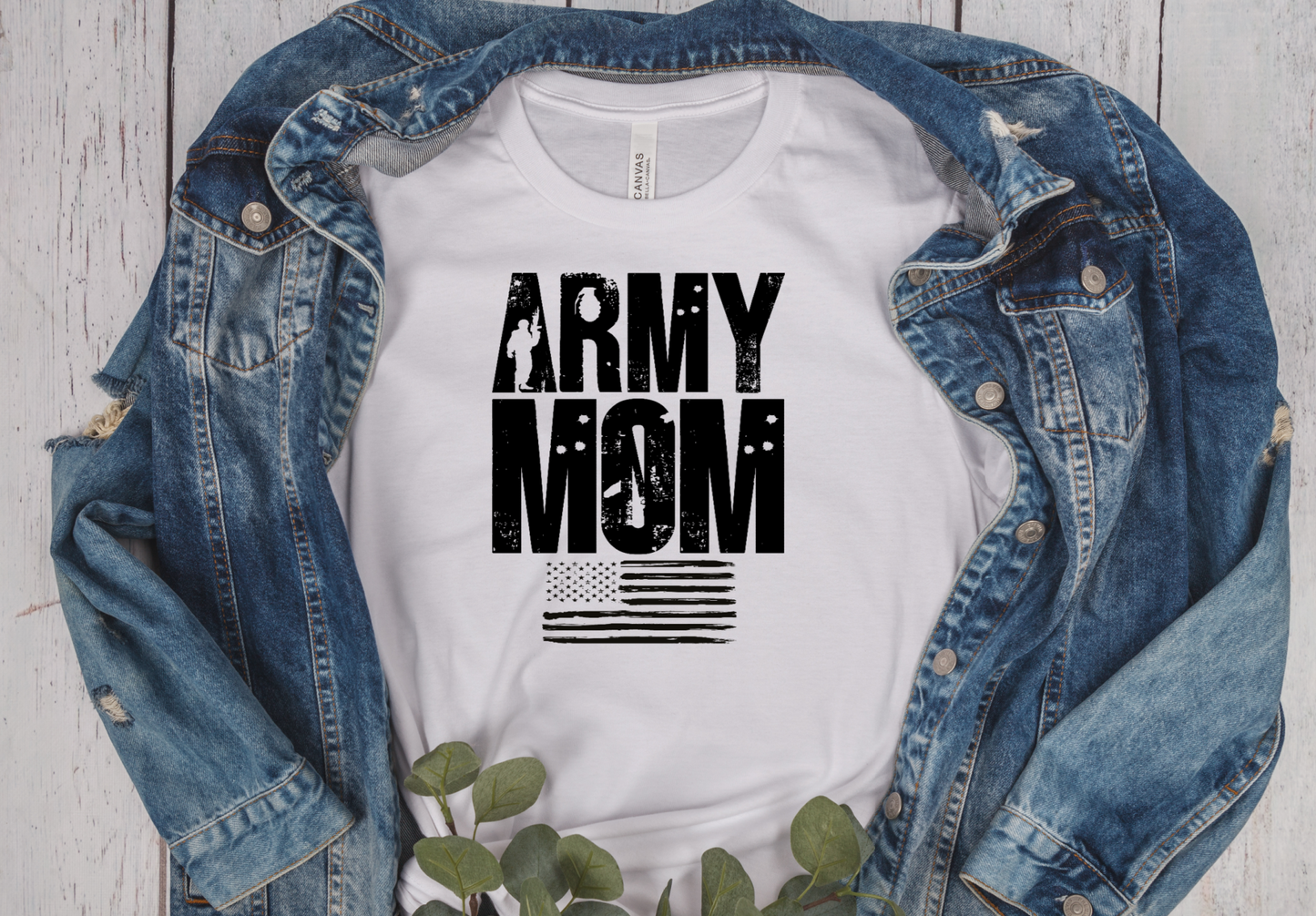 white unisex short sleeve T-Shirt with distressed black lettering saying Army Mom and a flag all in black