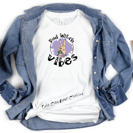 White short sleeve T-Shirt Good Witch Vibes giving the peace sign