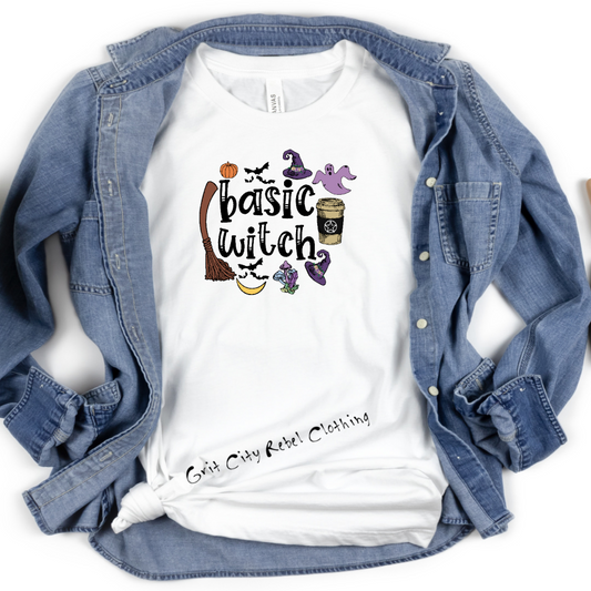 White Short sleeve unisex T-Shirt with the saying Basic Witch and witch symbols around the writting