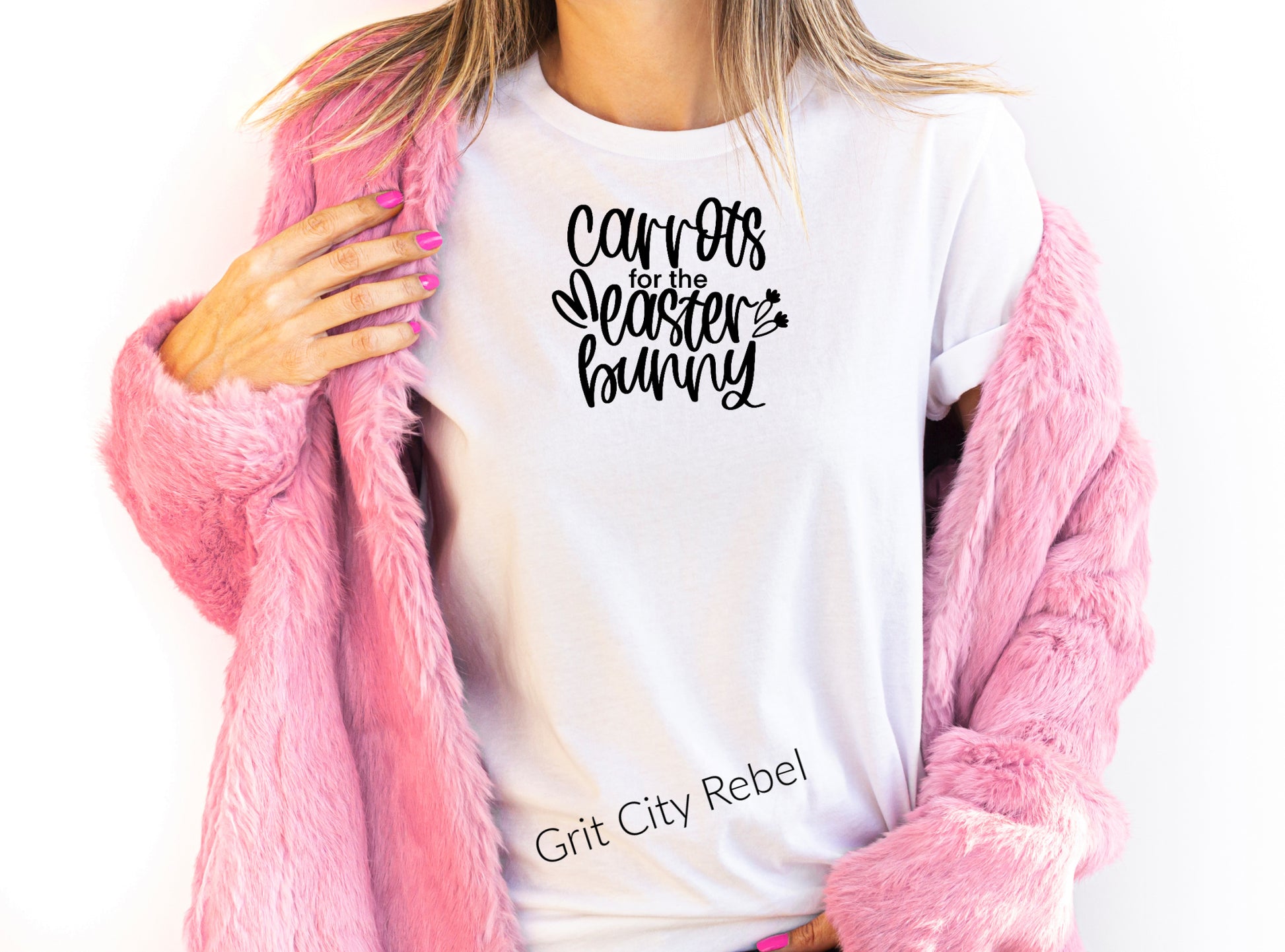 White T-Shirt with the saying Carrots for the Easter Bunny in black scroll writting