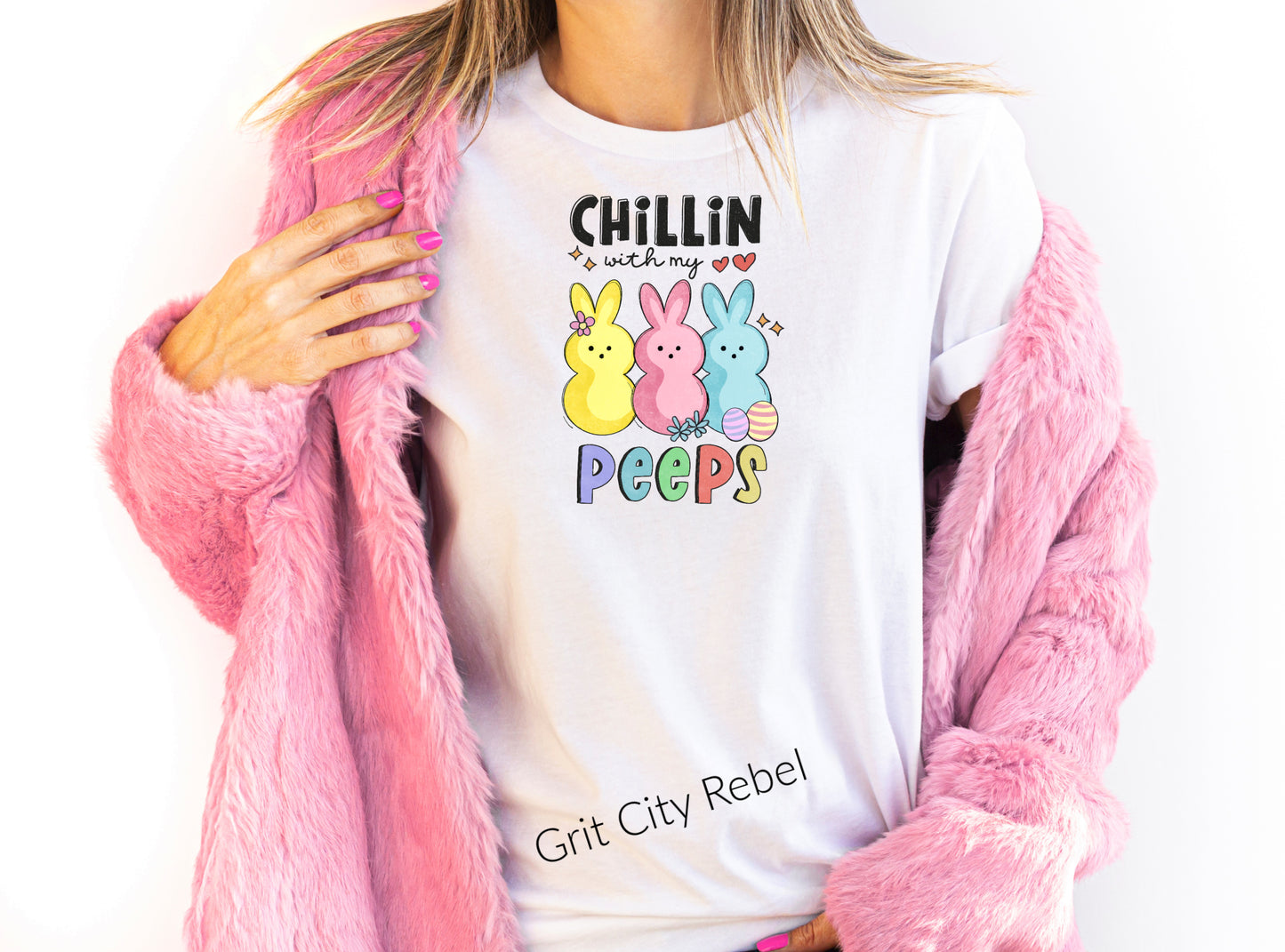 Chillin with my peeps in pastel colors on a white unisex Tshirt Grit City Rebel