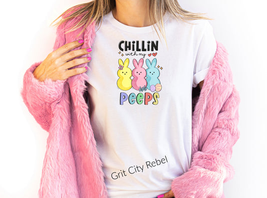 Chillin with my peeps in pastel colors on a white unisex Tshirt Grit City Rebel