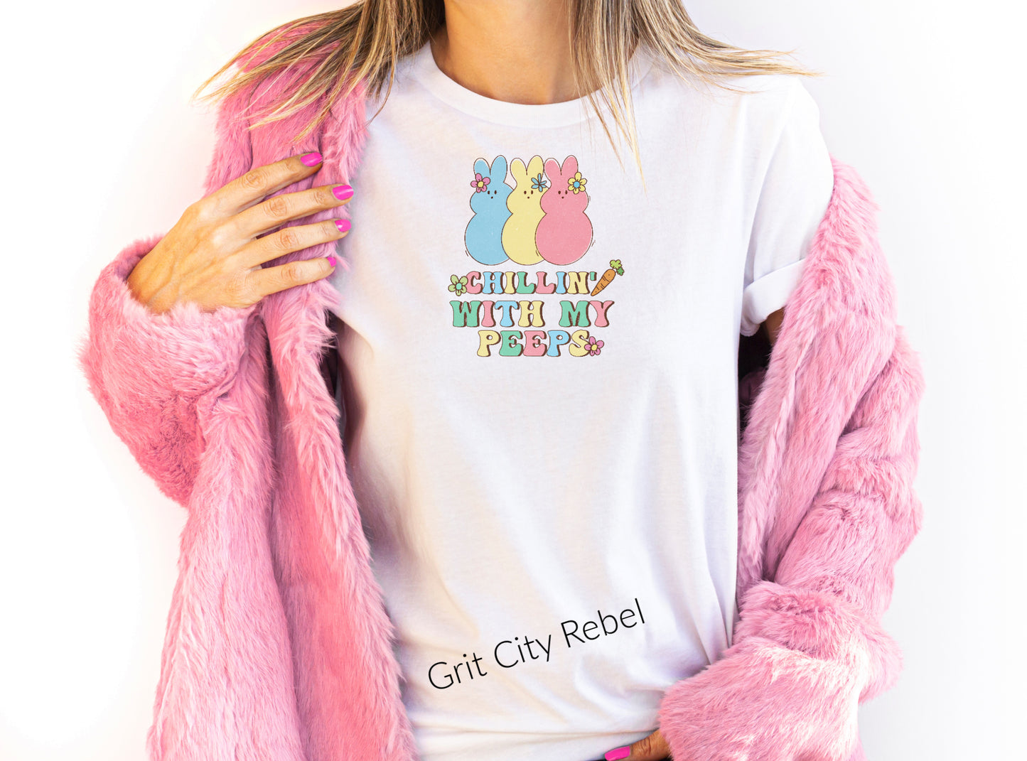 White short sleeve Tshirt with blue,pink, yellow peeps and the saying Chillin with my peeps in the same colors