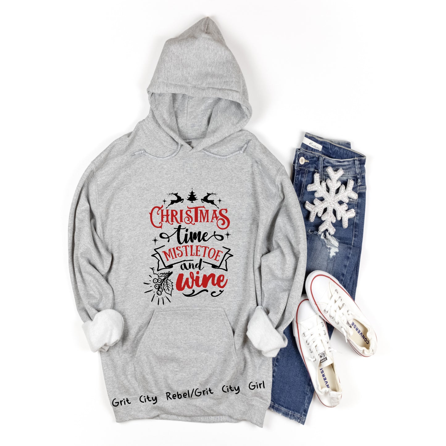 Christmas Time Mistletoe and Wine unisex long sleeve hooded sweatshirt