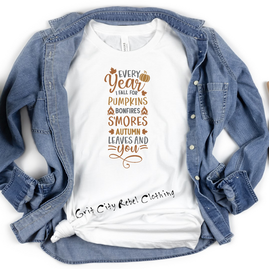 White TShirt with a Fall saying in shades of green and browns