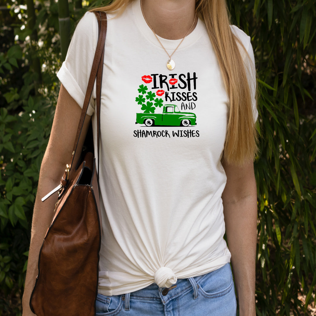Irish Kisses and Shamrock wishes in black green and red on a white Tshirt
