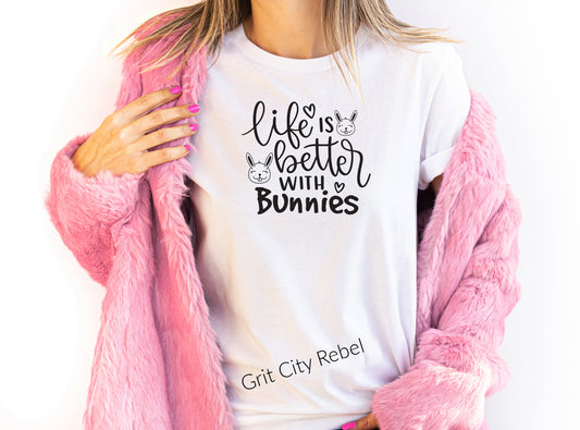 Life is better with bunnies white unisex Short Sleeve white T-Shirt