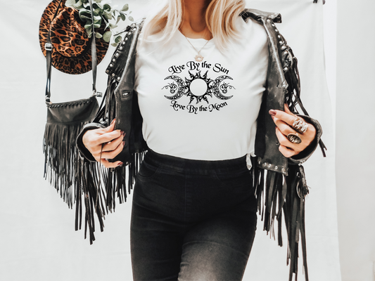 white unisex short sleeve T-Shirt with the saying Live By the Sun Love By the Moon in black