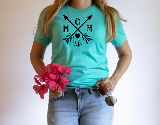 Turquoise short sleeve unisex T-Shirt eith the graphicMom Life with arrows