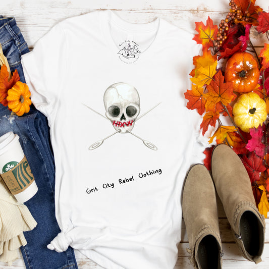 White short sleeve unisex fit T-Shirt with a skull and needles in a X going through it.