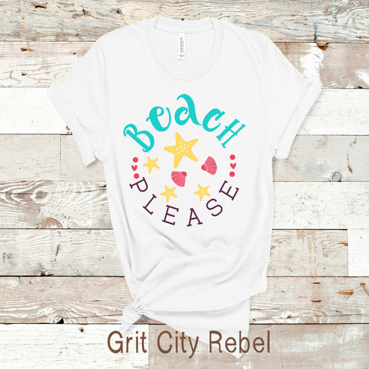 White TShirt with the saying Beach Please in teal and black and pink shells with yellow stars