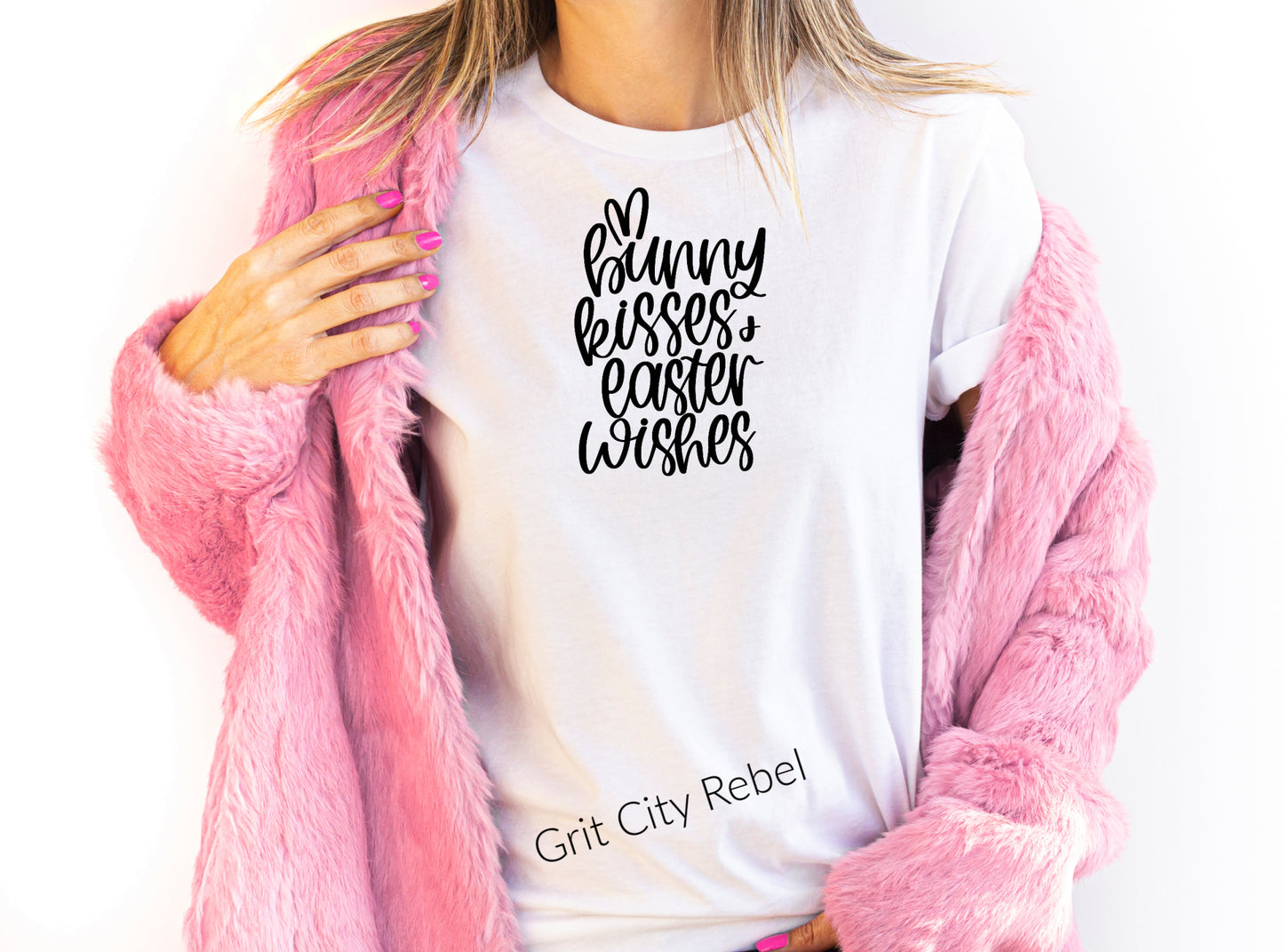 white tshirt with the saying bunny kisses and easter wishes in black