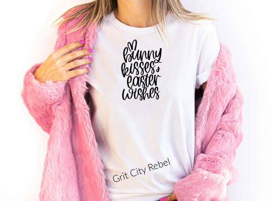 white tshirt with the saying bunny kisses and easter wishes in black