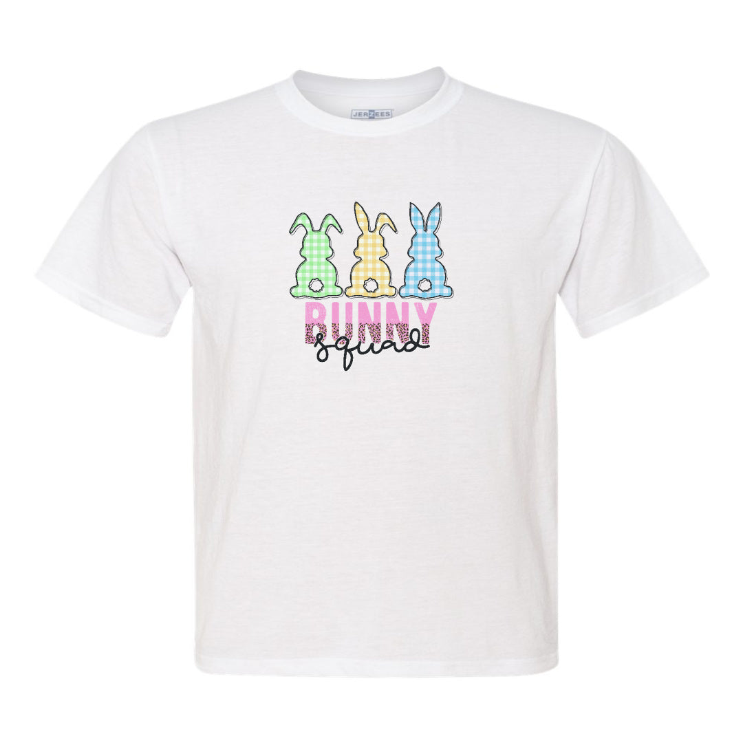 White unisex T-Shirt with 3 plaid bunnies in green, yellow, blue, with Bunny Squad in pink and leopard accent