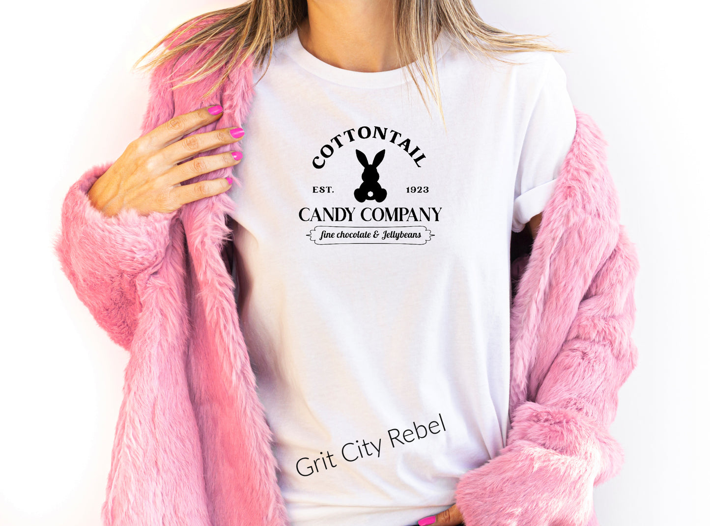 White TShirt with the saying Cotton Tail Candy Company Fine Chocolates & Jellybeans