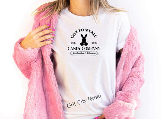 White TShirt with the saying Cotton Tail Candy Company Fine Chocolates & Jellybeans