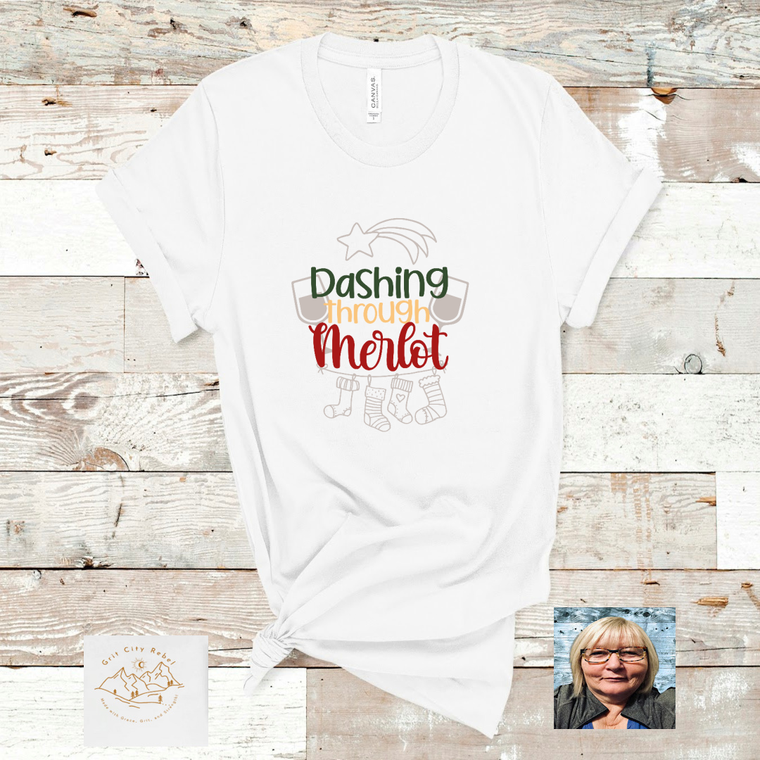 Christmas Short Sleeve White T-Shirt " dashing through the Merlot