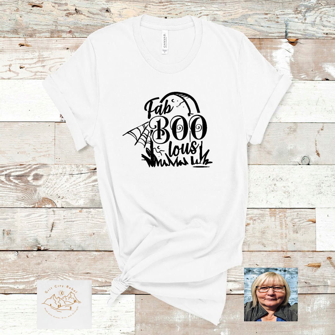 white short sleeve unisex T-Shirt with the saying Fab Boolous in black