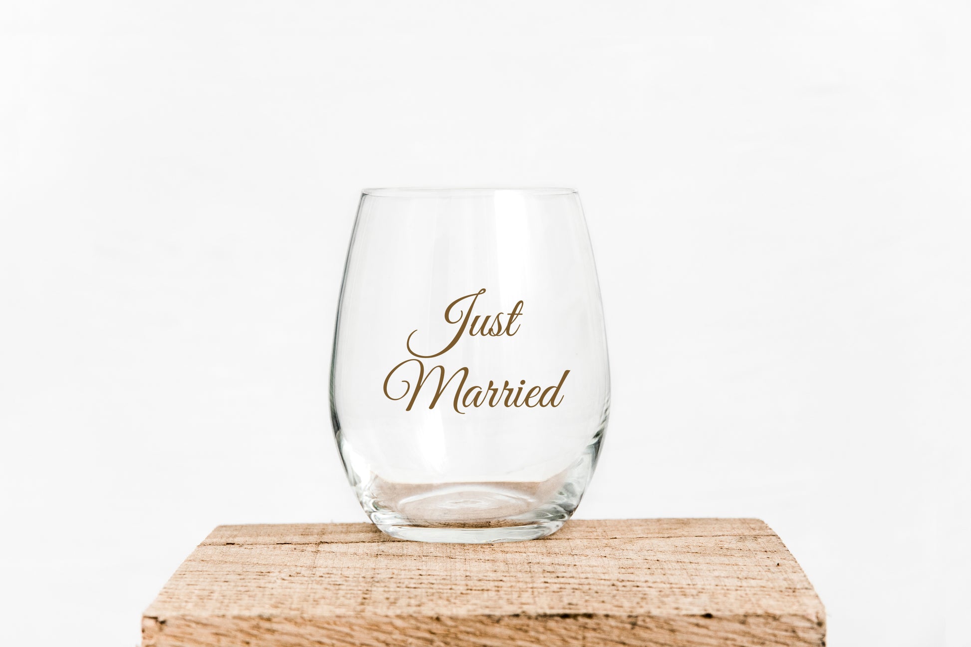 15oz Wine glass with the saying Just Married  in Gold writing Grit City Rebel