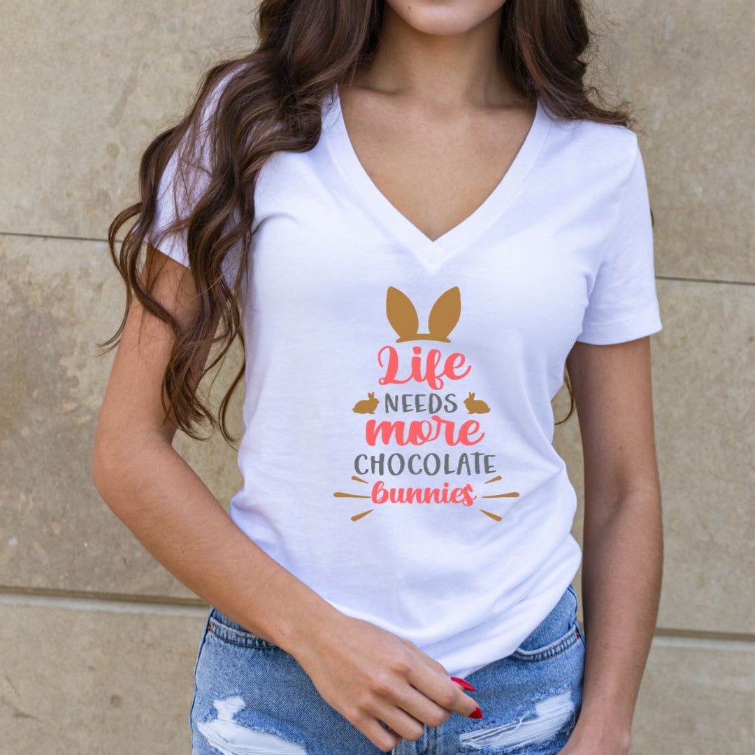 Life needs more chocolate bunnies in gold and pink design on a unisex white tshirt Grit City Rebel