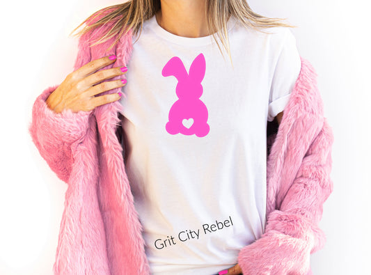 white short sleeve  T-Shirt with a pink bunny  that has a heart for a tail