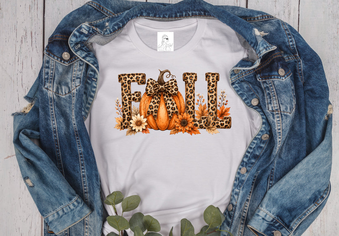 August 2026 VIP T-Shirt of the Month - Fall word in leopard print with a pumpkin in place of the A