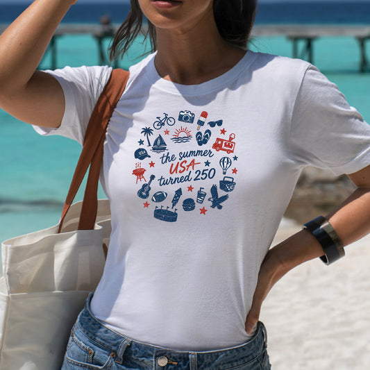 Grit city rebel  white unisex t-shirt with the phrase "the summer USA turned 250" with summer elements. Available in sizes small to 3xl. 