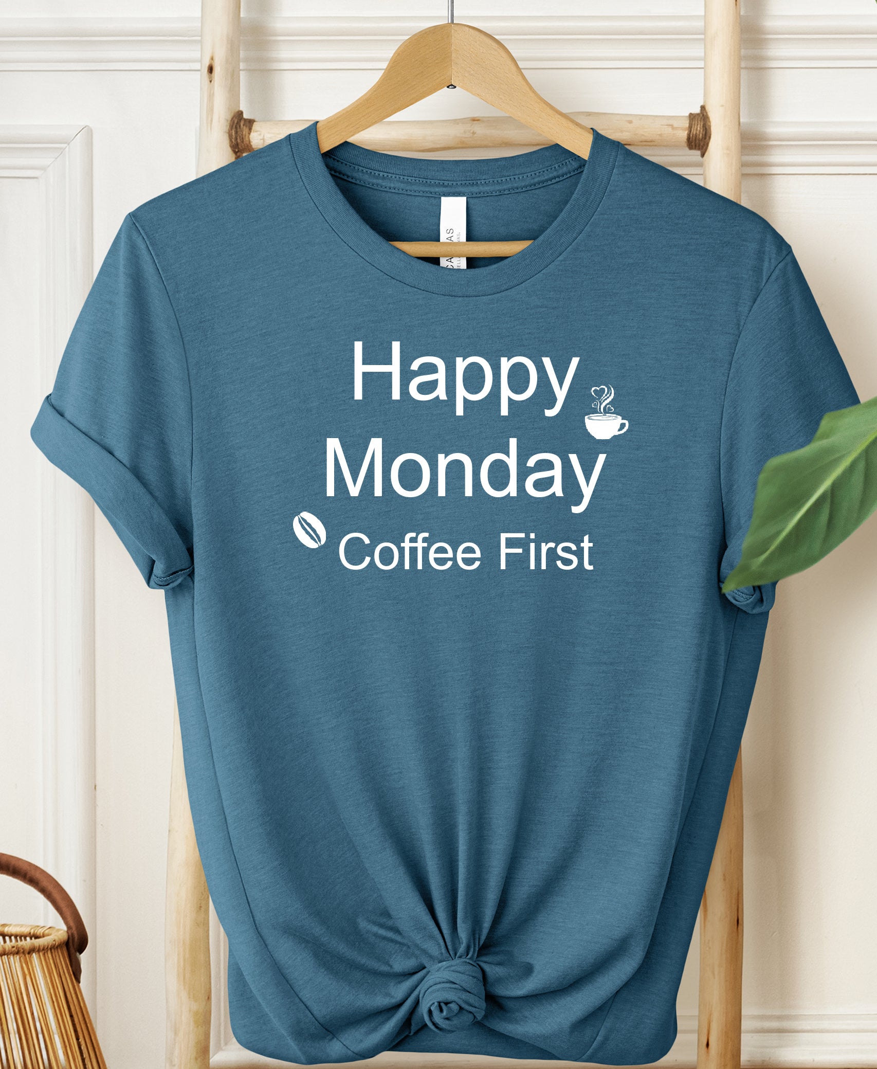 Grit City Rebel unisex t-shirt in deep teal with the phrase happy monday coffee first in white vinyl with two graphics of a coffee bean and coffee cup
