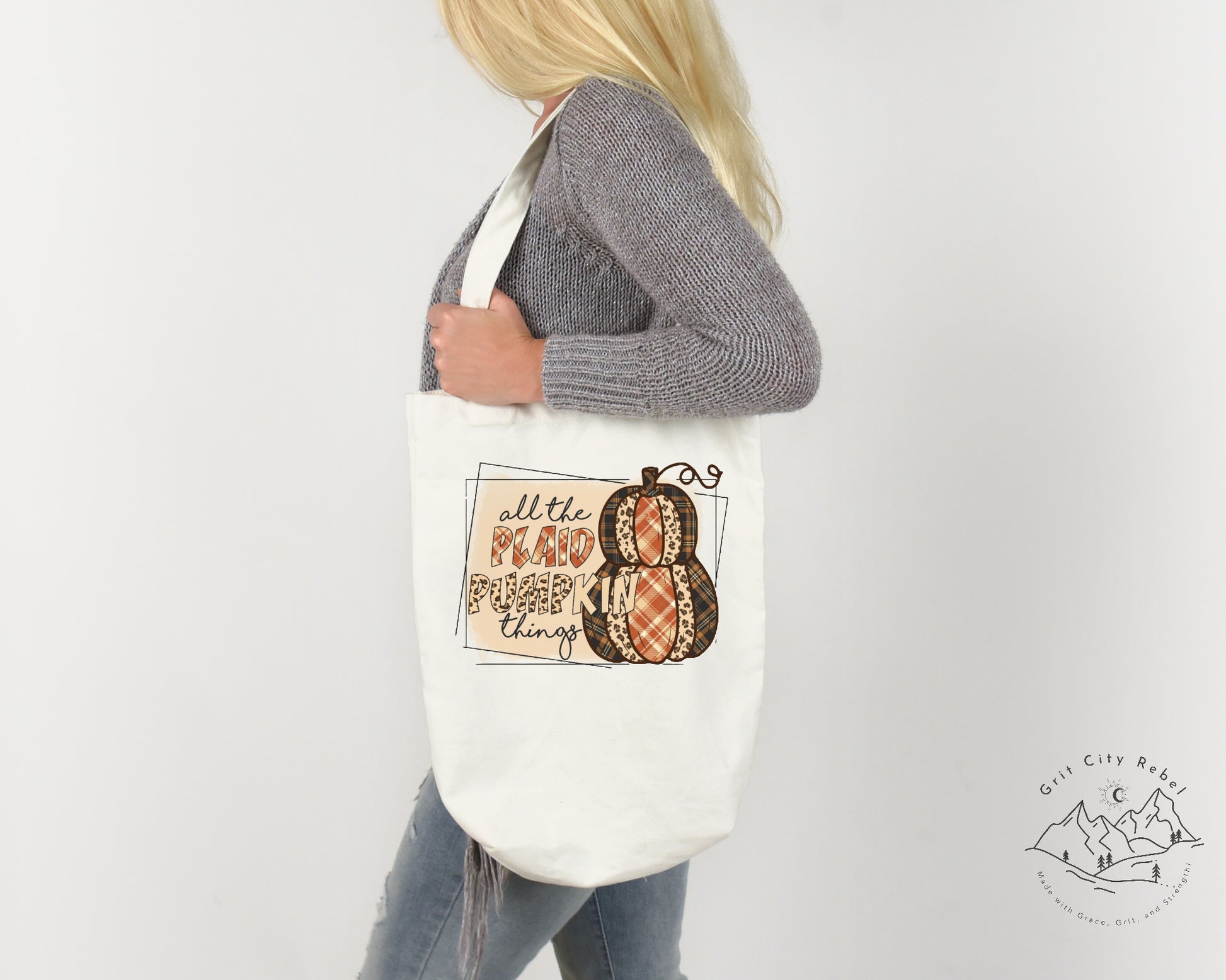 All the plaid pumpkin things reusable cloth tote bag Grit City Rebel