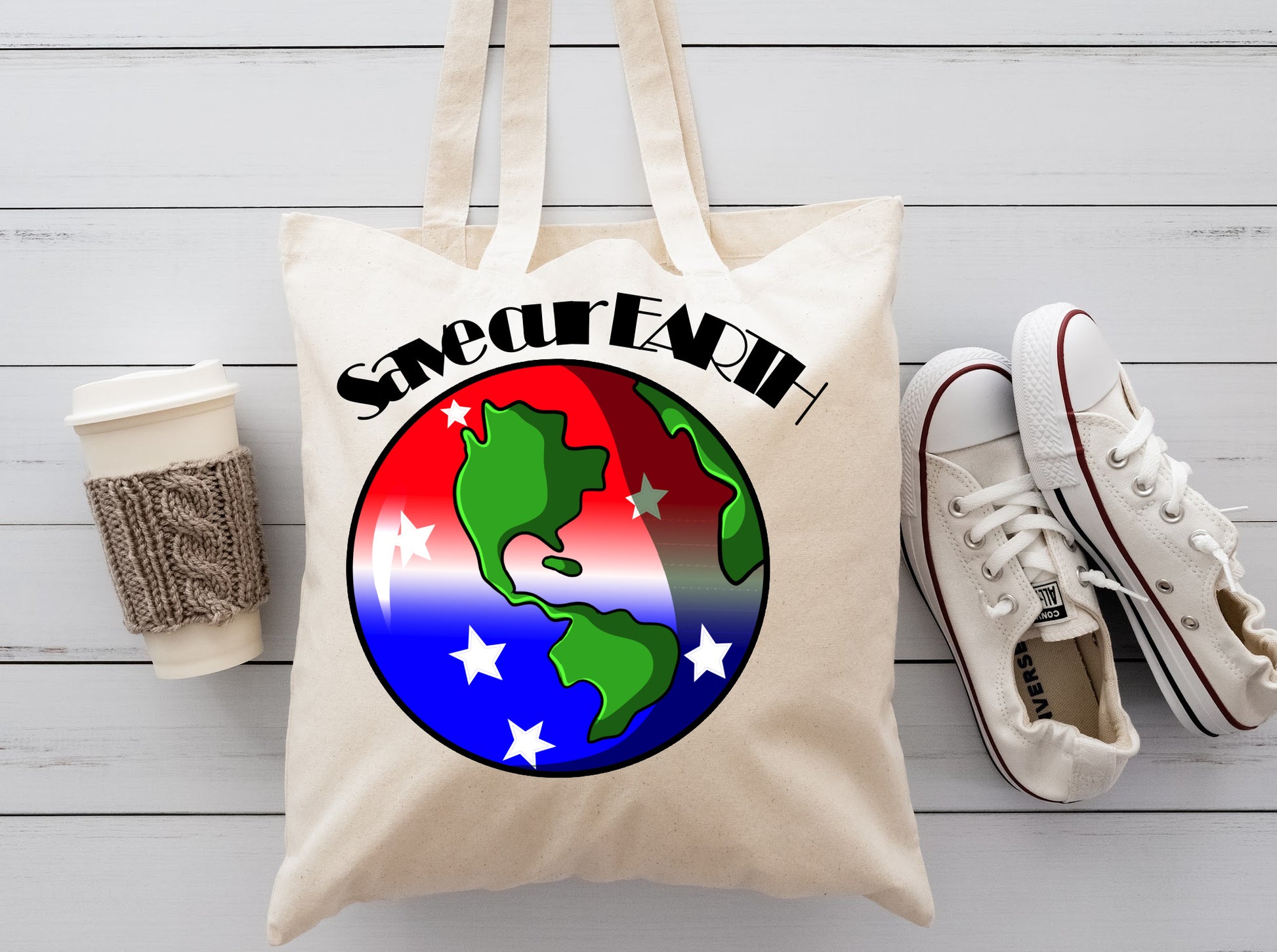Cream colored reuasable tote bag with a picture of the earth the earth and blended red white blue and stars as a american flag