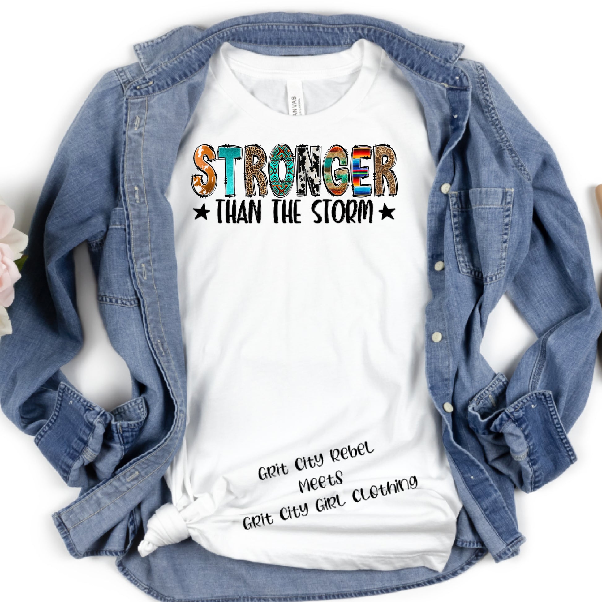 white short sleeve unisex T-Shirt with Stronger Than The Storm in different faux prints