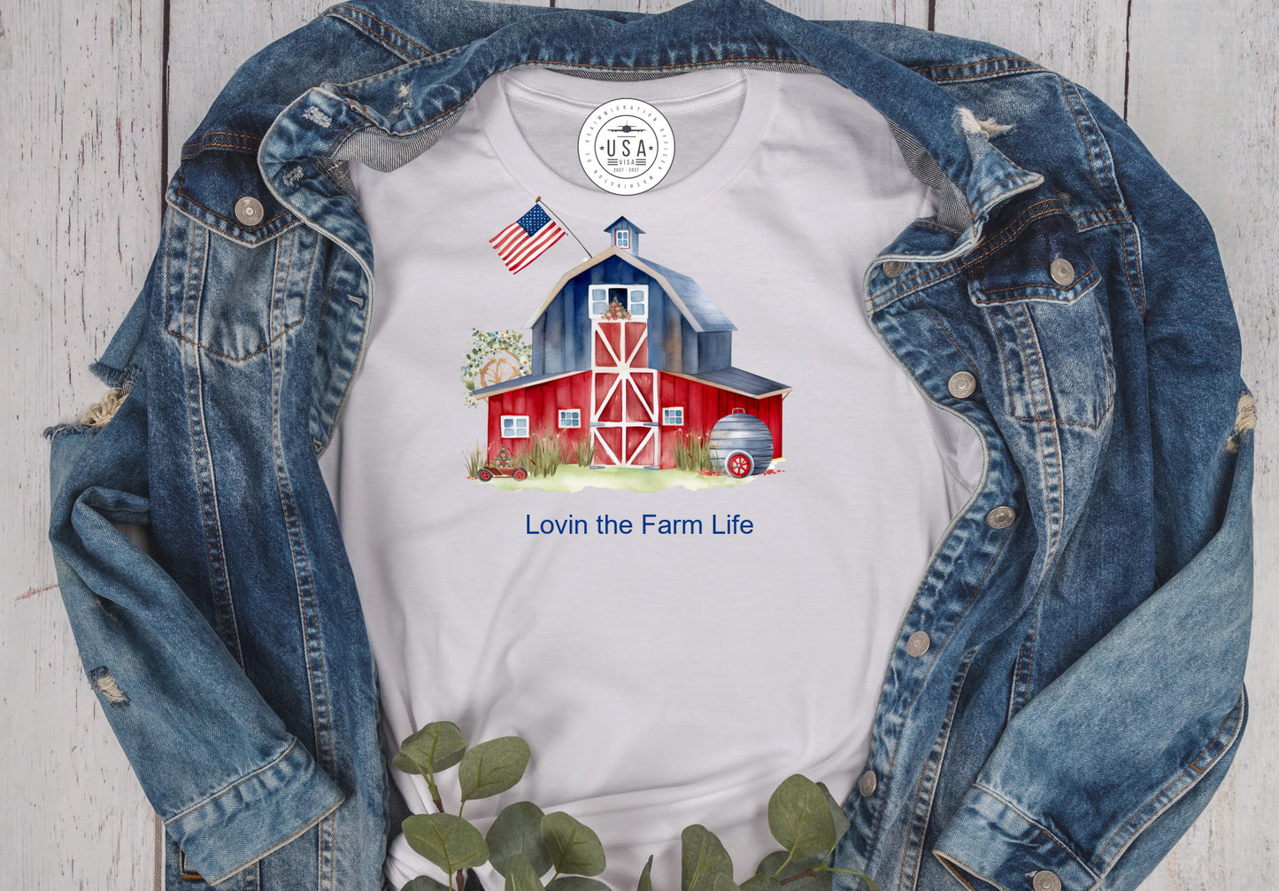 White short sleeve unisex TShirt Patrriotic Red Blue White Barn with the saying Lovin the Farm Life in blue