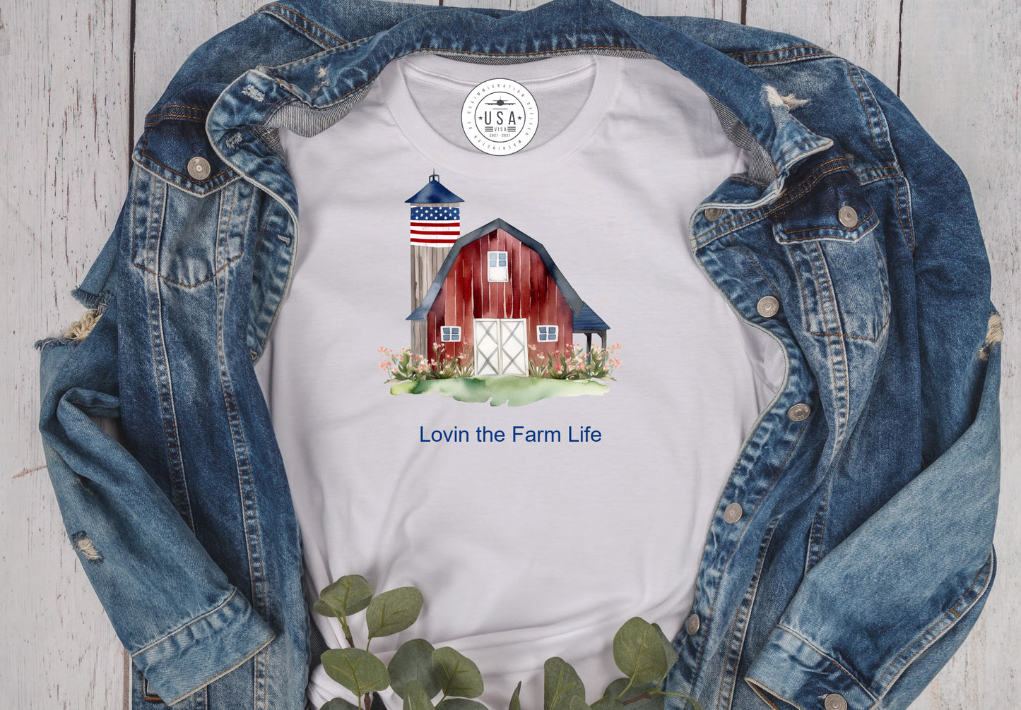 Americana Barn in Red White Blue on a white short sleeve unisex T-Shirt with Lovin the Farm Life in Blue
