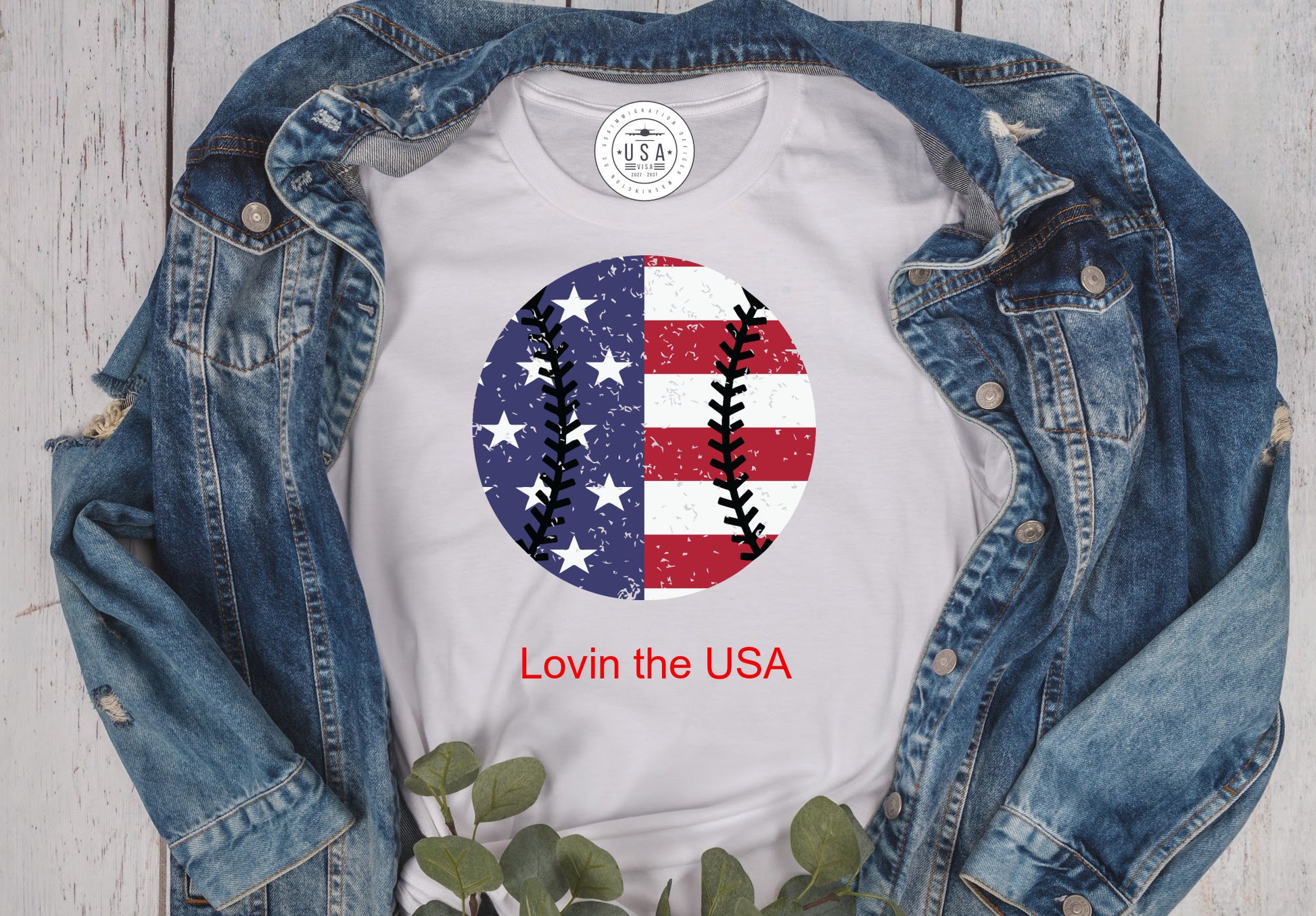 White unisex T-Shirt with a red white blue baseball saying Lovin the USA