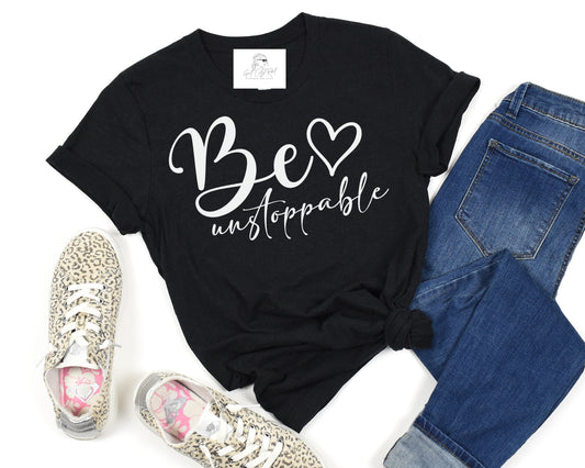 Grit city rebel black unisex t-shirt with the phrase "be unstoppable" in white vinyl. available in sizes small to 3xl. 