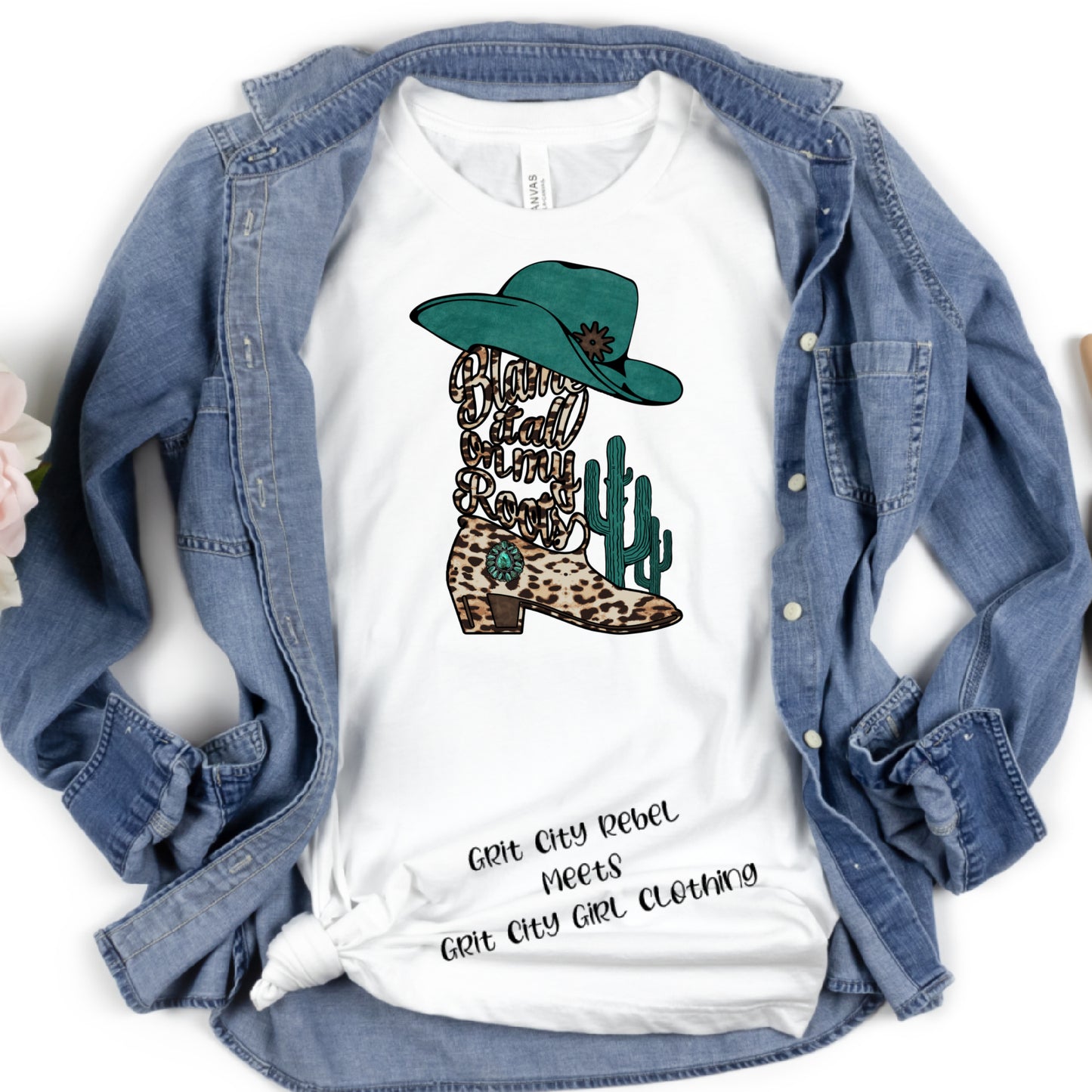 Blame it on my boots leopard and teal boots and cowgirl hatunisex short sleeve T-Shirt Grit City Rebel