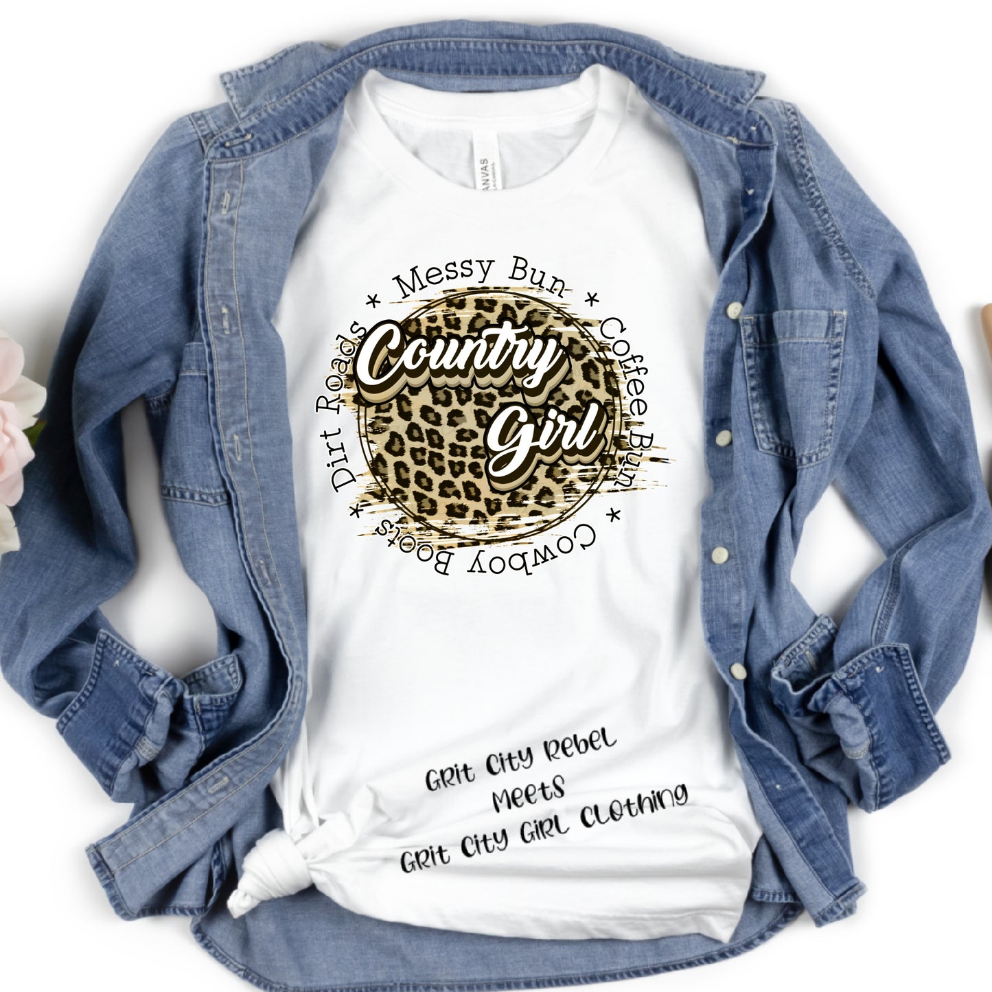 Lropard print and writing Messy Bun Coffee Bun Cowboy Boots Dirty Roads Country themed unisex short sleeve T-shirt