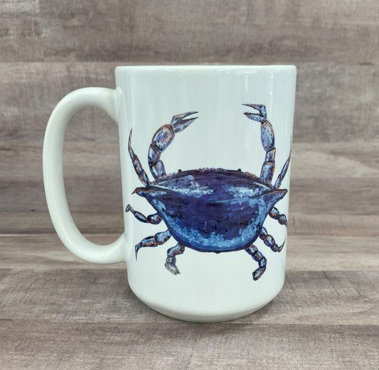 16oz ceramic mug with a blue watercolor image of a crab - grit city rebel