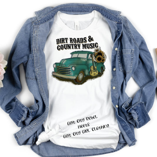 Dirt Roads and Country Music with a car and sunflowers unisex short sleeve T-Shirt Grit City Rebel