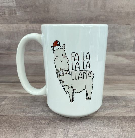 16oz ceramic mug with the image of a llama wearing a santa hat and the words fa la la la llama - grit city rebel