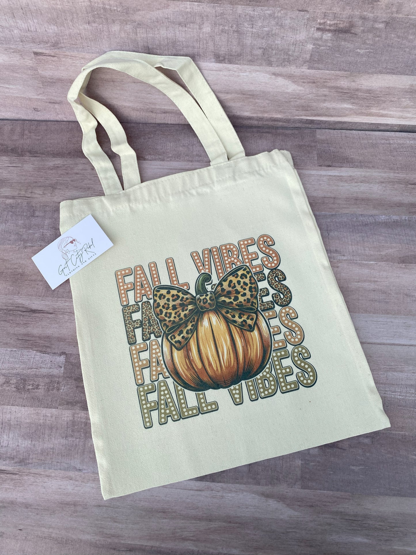 Fall Vibes Phrase With A Pumpkin And Leopard Bow Reusable Cloth Tote Bag