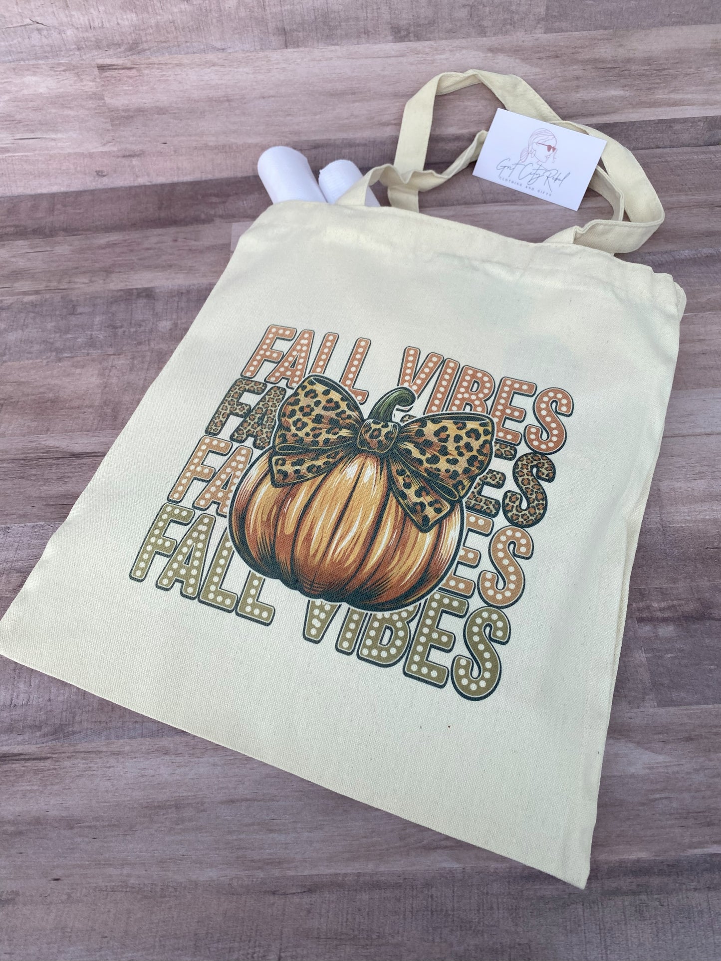 Fall Vibes Phrase With A Pumpkin And Leopard Bow Reusable Cloth Tote Bag